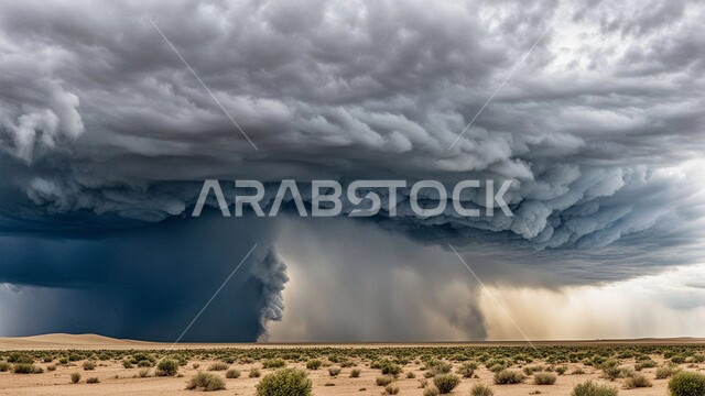 Tornado view in desert, strong dust storms, dust winds in desert areas, dunes and soft golden sand, sand formations and formations in Saudi Arabia
