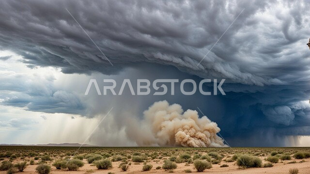 أجواء وطقوس قاسية, غبار العاصفة الرملية في الصحراء, رياح ترابية في المناطق الصحراوية, الكثبان والرمال الذهبية الناعمة، التشكيلات والتكوينات الرملية في المملكة العربية السعودية, منظر السماء الممتلئة بالغيوم الداكنة، الزوابع الغبارية القوية