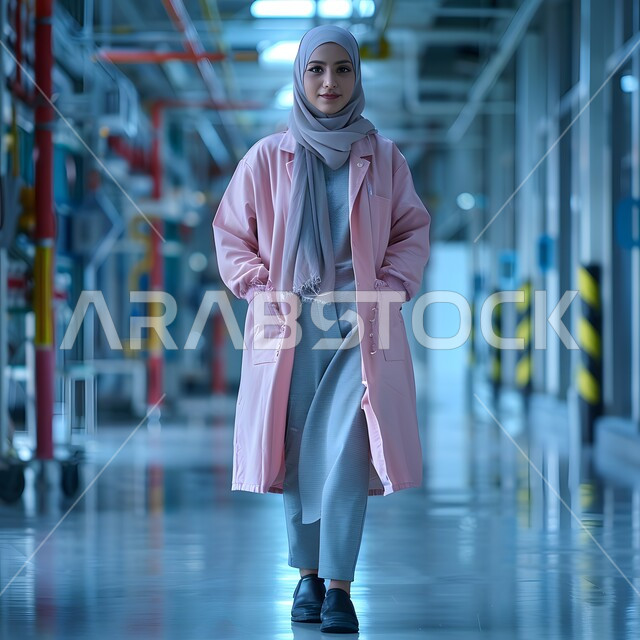 مفهوم الأنوثة والنعومة، الاهتمام بالمظهر الخارجي والأناقة، صورة مقربة لامرأة عربية خليجية سعودية محجبة  تنظر إلى الكاميرا بايماءات الثقة بالنفس، ملابس محجبات عصرية راقية
