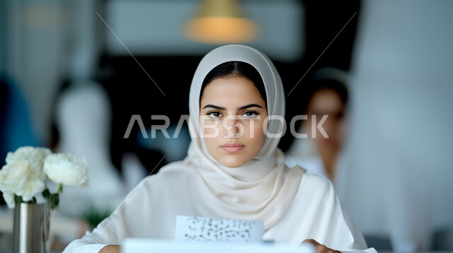 إدارة شؤون الأعمال وتنظيمها، صورة مقربة لسيدة عربية خليجية سعودية محجبة تجلس على المكتب وتحمل بيدها أوراق البيانات والمعلومات، العمل لتحقيق الاهداف والاستراتيجيات، مهن ووظائف ادارية مكتبية، النظر الى الكاميرا بايماءات الجدية 