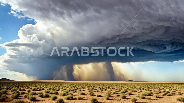الزوابع الغبارية القوية، العاصفة الرملية في الصحراء, رياح ترابية في المناطق الصحراوية, الكثبان والرمال الذهبية الناعمة، التشكيلات والتكوينات الرملية في المملكة العربية السعودية, منظر السماء الممتلئة بالغيوم الداكنة