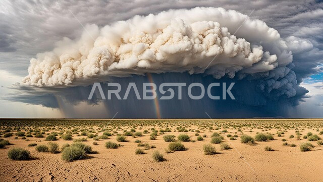 Strong dust storms, sandstorm in the desert, dust winds in desert areas, dunes and soft golden sand, sand formations and formations in Saudi Arabia, view of the sky filled with dark clouds