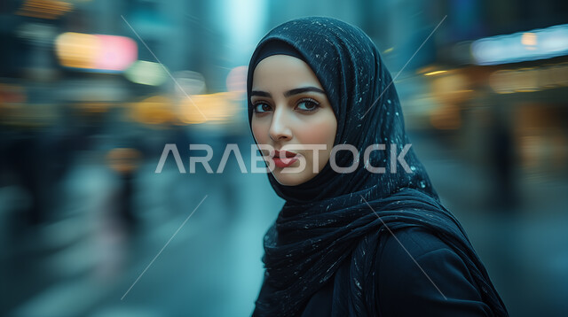 الاهتمام بالمظهر الخارجي والأناقة، أزياء محجبات عصرية راقية، النظر إلى الكاميرا بايماءات الثقة بالنفس، مفهوم الأنوثة والنعومة، صورة مقربة لامرأة عربية خليجية سعودية محجبة تمشي في شارع المدينة