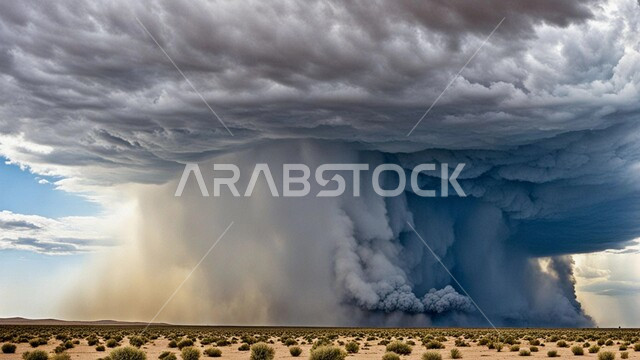 الزوابع الغبارية القوية، العاصفة الرملية في الصحراء, رياح ترابية في المناطق الصحراوية, الكثبان والرمال الذهبية الناعمة، التشكيلات والتكوينات الرملية في المملكة العربية السعودية, منظر السماء الممتلئة بالغيوم الداكنة