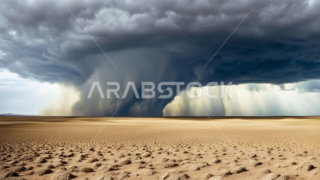 الزوابع الغبارية القوية، العاصفة الرملية في الصحراء, رياح ترابية في المناطق الصحراوية, الكثبان والرمال الذهبية الناعمة، التشكيلات والتكوينات الرملية في المملكة العربية السعودية, منظر السماء الممتلئة بالغيوم الداكنة