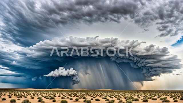  Strong dust storms, sandstorm in the desert, dust winds in desert areas, dunes and soft golden sand, sand formations and formations in Saudi Arabia, view of the sky filled with dark clouds