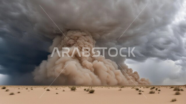 الزوابع الغبارية القوية، العاصفة الرملية في الصحراء, رياح ترابية في المناطق الصحراوية, الكثبان والرمال الذهبية الناعمة، التشكيلات والتكوينات الرملية في المملكة العربية السعودية, منظر السماء الممتلئة بالغيوم الداكنة
