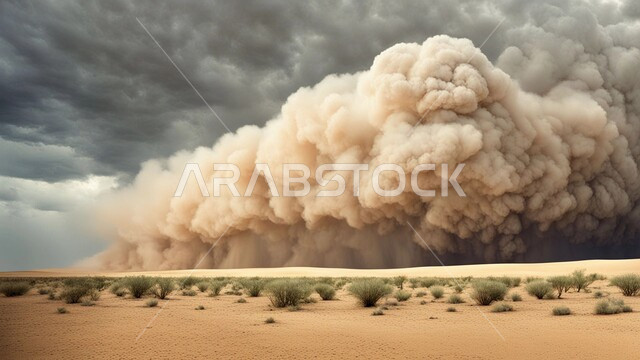 الزوابع الغبارية القوية، العاصفة الرملية في الصحراء, رياح ترابية في المناطق الصحراوية, الكثبان والرمال الذهبية الناعمة، التشكيلات والتكوينات الرملية في المملكة العربية السعودية, منظر السماء الممتلئة بالغيوم الداكنة