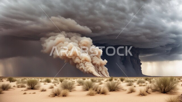 الزوابع الغبارية القوية، العاصفة الرملية في الصحراء, رياح ترابية في المناطق الصحراوية, الكثبان والرمال الذهبية الناعمة، التشكيلات والتكوينات الرملية في المملكة العربية السعودية, منظر السماء الممتلئة بالغيوم الداكنة