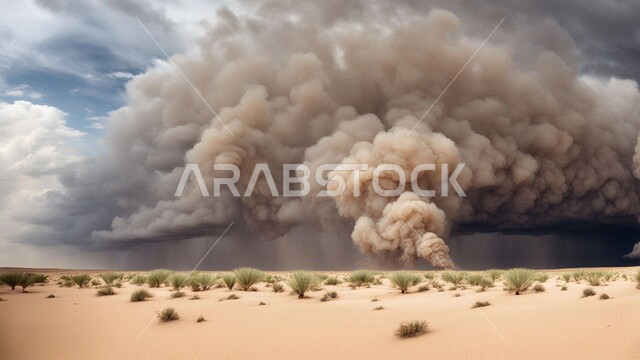  Strong dust storms, sandstorm in the desert, dust winds in desert areas, dunes and soft golden sand, sand formations and formations in Saudi Arabia, view of the sky filled with dark clouds