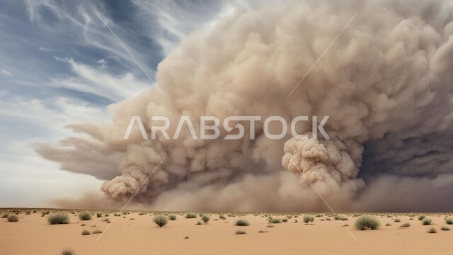 Strong dust storms, sandstorm in the desert, dust winds in desert areas, dunes and soft golden sand, sand formations and formations in Saudi Arabia, view of the sky filled with dark clouds