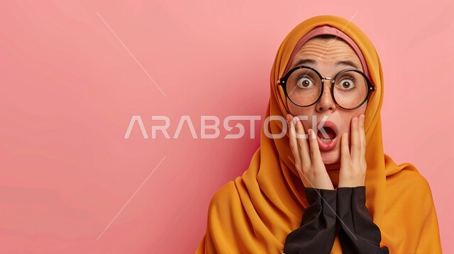 النظر إلى الكاميرا بتعابير الدهشة والخوف، بورتريه مقرب لامرأة عربية خليجية سعودية محجبة ترتدي عباءة برتقالي تضع نظارات طبية وترفع يديها على وجهها بإيماءات تدل على الذهول، الصدمة والتعجب من حصول أمر ما، خلفية زهر