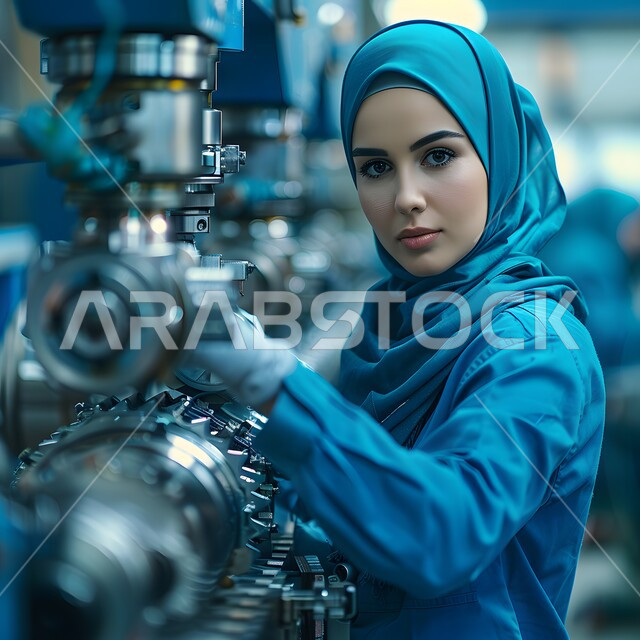 تحقيق الثورة الصناعية، اعتماد التقنيات والتكنولوجيا الحديثة في الهندسة، صورة مقربة لمهندسة عربية سعودية خليجية محجبة ترتدي خوذة الحماية تقوم بفحص معدات النفط والغاز في المصنع, مهن ووظائف سعودية، جودة الانتاج والتصنيع