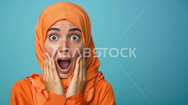 الصدمة والتعجب من حصول أمر ما، النظر إلى الكاميرا بتعابير الدهشة والخوف، بورتريه مقرب لامرأة عربية خليجية سعودية محجبة ترتدي عباءة برتقالي تضع يديها على وجهها بإيماءات تدل على الذهول، خلفية زرقاء