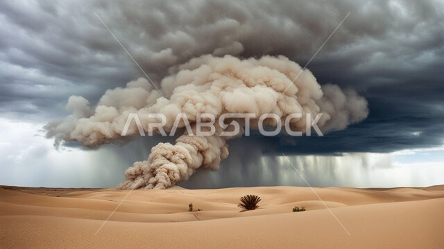 الزوابع الغبارية القوية، العاصفة الرملية في الصحراء, رياح ترابية في المناطق الصحراوية, الكثبان والرمال الذهبية الناعمة، التشكيلات والتكوينات الرملية في المملكة العربية السعودية, منظر السماء الممتلئة بالغيوم الداكنة
