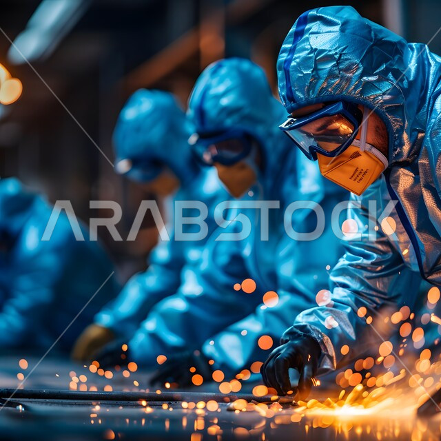 تجهيز وقص الحديد الصلب بمعدات وأدوات البناء, مهن ووظائف سعوديه, مهندس صناعي يرتدي قناع الحمايه الواقي يقوم بقطع المعدن, استخدام آله مطحنه الزوايه بشفرات دائرية لصناعه الحديد, المهارة في اتقان العمل في مصنع الحداده