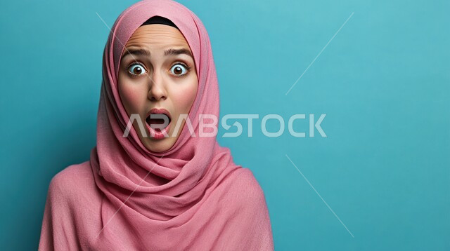 النظر إلى الكاميرا بتعابير الدهشة والخوف، بورتريه مقرب لامرأة عربية خليجية سعودية محجبة ترتدي عباءة زهر , ايماءات وجه تدل على الذهول، الصدمة والتعجب من حصول أمر ما، خلفية زرقاء