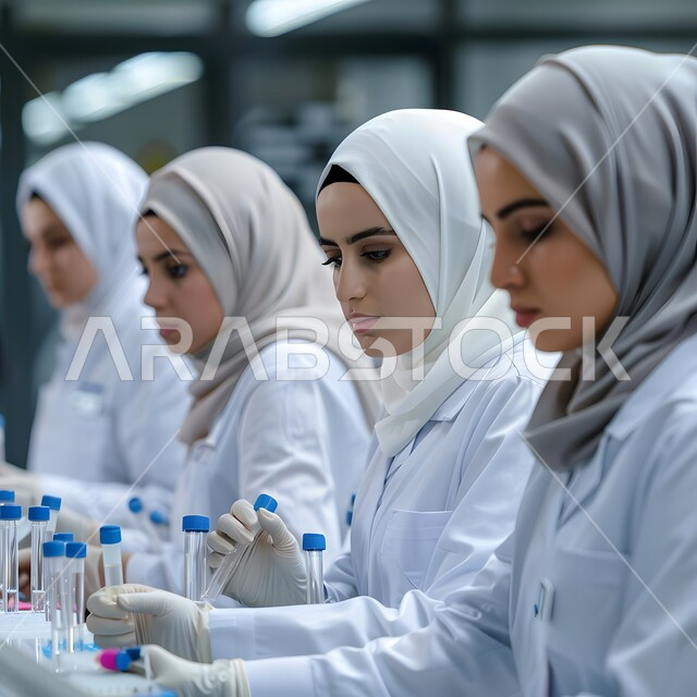 فريق من المخبريين العرب الخليجيين السعوديين يرتدون القفازات والكمامات والمعاطف البيضاء, مختبرات الفحوصات الطبية والتحاليل الكيمائية، استخدام الأنابيب الزجاجية المعقمة لتحليل العينات، إجراء التجارب والبحوث العلمية, العمل في مجال التحليلات الحيوية والصحية