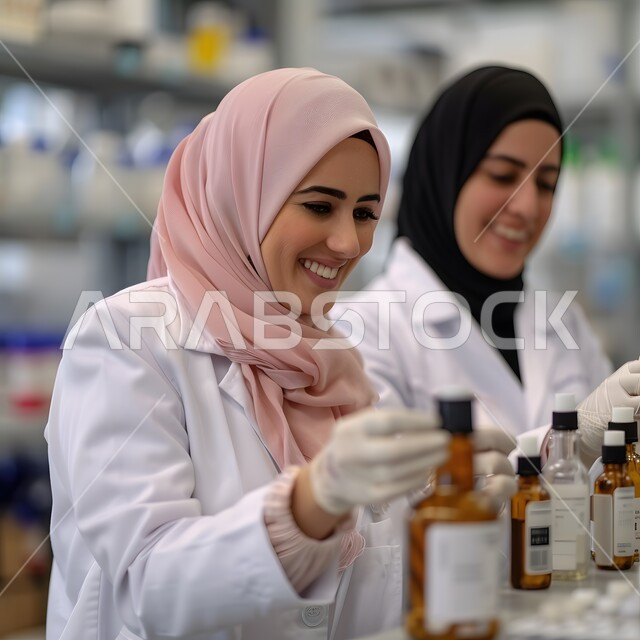 معمل الصناعات الدوائية، استعمال الأنابيب الزجاجية المعقمة لتحليل العينات المختلفة، مختبرات الفحوصات الطبية والتحاليل الكيمائية، امراتان عربيتان خليجيتان سعوديتان ترتدي نظارات الحماية والمعطف الطبي تقومان بإجراء التجارب والبحوث العلمية عبر التكنولوجيا الحيوية
