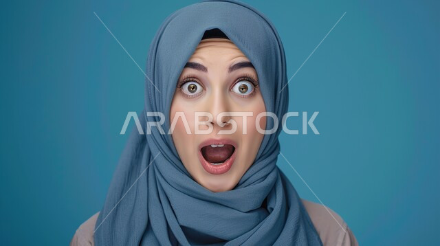الصدمة والتعجب من حصول أمر ما، النظر إلى الكاميرا بتعابير الدهشة والخوف، بورتريه مقرب لامرأة عربية خليجية سعودية محجبة ترتدي عباءة العباءة، ايماءات وجه تدل على الذهول، خلفية زرقاء
