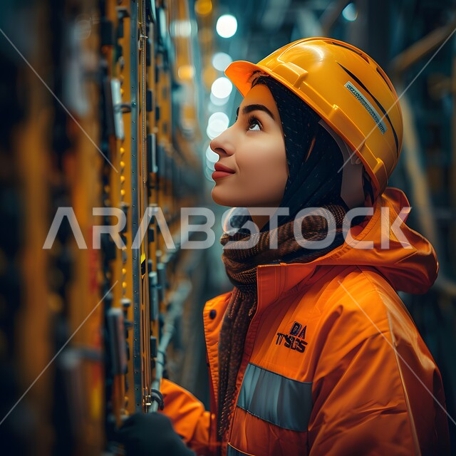 Introducing women into the field of industrial engineering, monitoring and supervising the mechanism of the work of equipment and machines inside the factory, a close-up image of a smiling Saudi Arabian Gulf factory engineer wearing a hijab, a work jacket, a helmet and safety glasses looking at something, women's professions and jobs