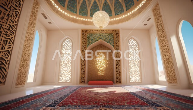 محراب ومنبر للصلاة في احد المساجد في المملكة العربية السعودية, الزخارف والنقوش الاسلامية, الديكورات والتصاميم الداخلية المميزة على الطراز الإسلامي الحديث, دمج الحضارة مع الأصالة، مفهوم العبادة والتقرب الى الله، أداء الفرائض والصلوات
