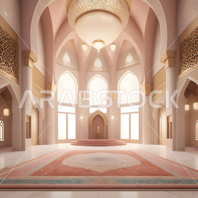 Islamic decorations and engravings, distinctive interior decorations and designs in the modern Islamic style, a prayer niche and pulpit in a mosque in the Kingdom of Saudi Arabia, performing religious duties and prayers, merging civilization with authenticity, the concept of worship and drawing closer to God