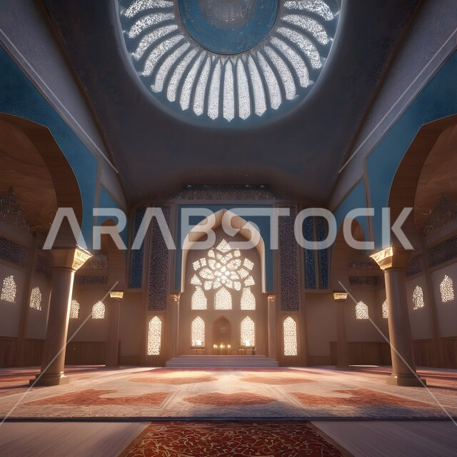 Islamic decorations and engravings, distinctive interior decorations and designs in the modern Islamic style, a prayer niche and pulpit in a mosque in the Kingdom of Saudi Arabia, performing religious duties and prayers, merging civilization with authenticity, the concept of worship and drawing closer to God