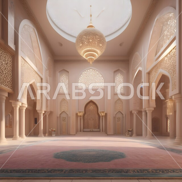 مفهوم العبادة والتقرب الى الله، الزخارف والنقوش الاسلامية, الديكورات والتصاميم الداخلية المميزة على الطراز الإسلامي الحديث, محراب ومنبر للصلاة في احد المساجد في المملكة العربية السعودية, أداء الفرائض والصلوات، دمج الحضارة مع الأصالة