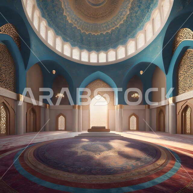 مفهوم العبادة والتقرب الى الله، الزخارف والنقوش الاسلامية, الديكورات والتصاميم الداخلية المميزة على الطراز الإسلامي الحديث, محراب ومنبر للصلاة في احد المساجد في المملكة العربية السعودية, أداء الفرائض والصلوات، دمج الحضارة مع الأصالة