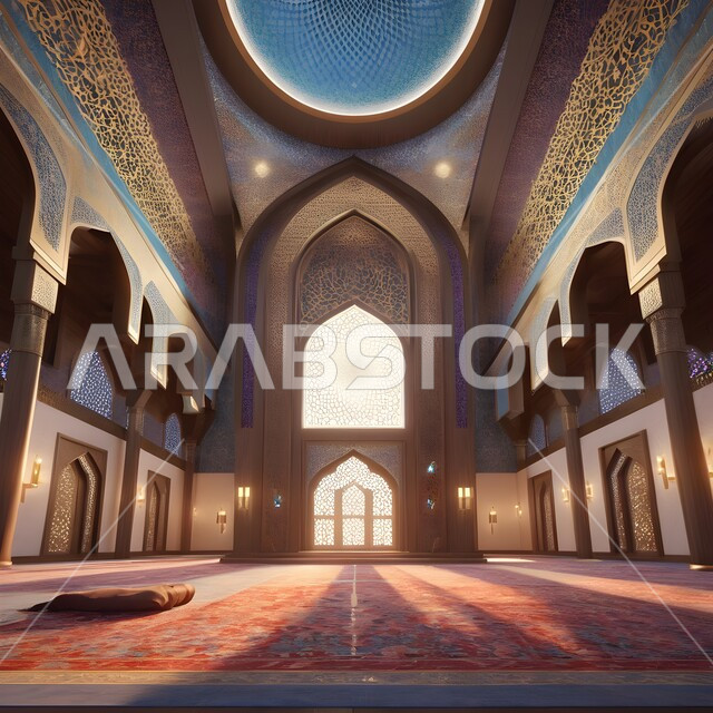 مفهوم العبادة والتقرب الى الله، الزخارف والنقوش الاسلامية, الديكورات والتصاميم الداخلية المميزة على الطراز الإسلامي الحديث, محراب ومنبر للصلاة في احد المساجد في المملكة العربية السعودية, أداء الفرائض والصلوات، دمج الحضارة مع الأصالة
