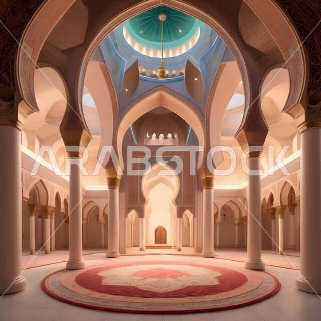 مفهوم العبادة والتقرب الى الله، الزخارف والنقوش الاسلامية, الديكورات والتصاميم الداخلية المميزة على الطراز الإسلامي الحديث, محراب ومنبر للصلاة في احد المساجد في المملكة العربية السعودية, أداء الفرائض والصلوات، دمج الحضارة مع الأصالة