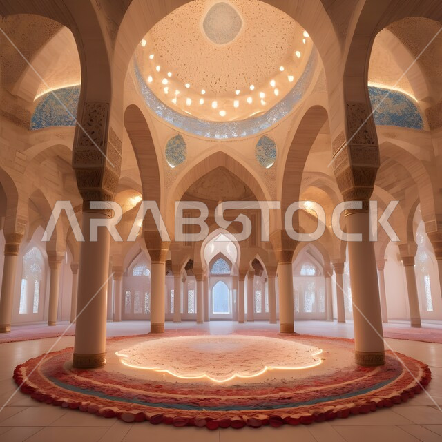 مفهوم العبادة والتقرب الى الله، الزخارف والنقوش الاسلامية, الديكورات والتصاميم الداخلية المميزة على الطراز الإسلامي الحديث, محراب ومنبر للصلاة في احد المساجد في المملكة العربية السعودية, أداء الفرائض والصلوات، دمج الحضارة مع الأصالة