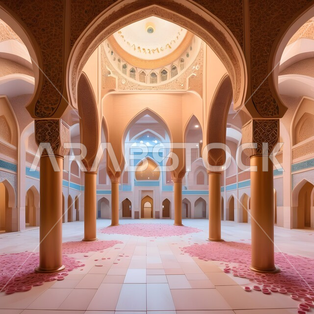 The concept of worship and drawing closer to God, Islamic decorations and engravings, distinctive interior decorations and designs in the modern Islamic style, a prayer niche and pulpit in a mosque in the Kingdom of Saudi Arabia, performing religious duties and prayers, merging civilization with authenticity