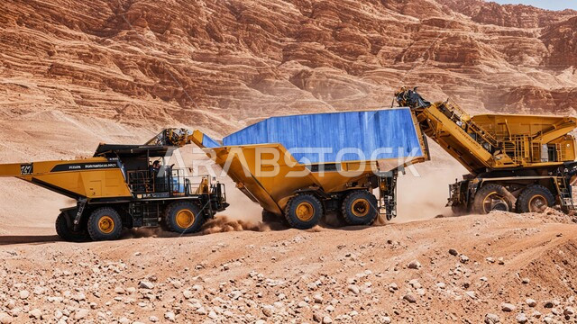 مجموعة من الجرافات تعمل على رفع وتعبئة الرمال والحصى في النهار، مفهوم الهندسة والإنشاءات والتطوير، الطبيعة الرملية و الصخرية في صحاري المملكة العربية السعودية, آلات ومعدات ثقيلة
