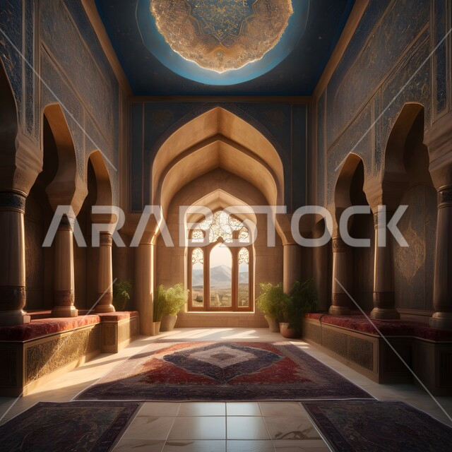 Decorations and interior designs of Islamic architecture, decorations and engravings for arches and windows in traditional buildings in the Kingdom of Saudi Arabia, merging civilization with authenticity, modern-style decorated glass facades