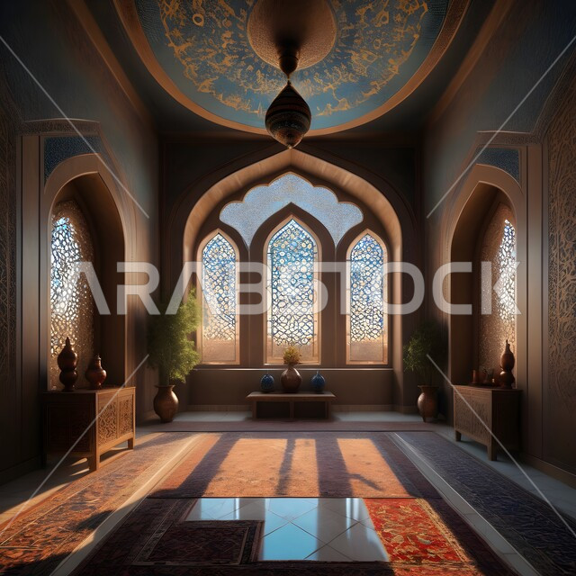 Decorations and interior designs of Islamic architecture, decorations and engravings for arches and windows in traditional buildings in the Kingdom of Saudi Arabia, merging civilization with authenticity, modern-style decorated glass facades