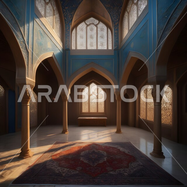 Modern style decorative glass facades, decorations and interior designs of Islamic architecture, decorations and engravings for arches and windows in traditional buildings in the Kingdom of Saudi Arabia, merging civilization with authenticity