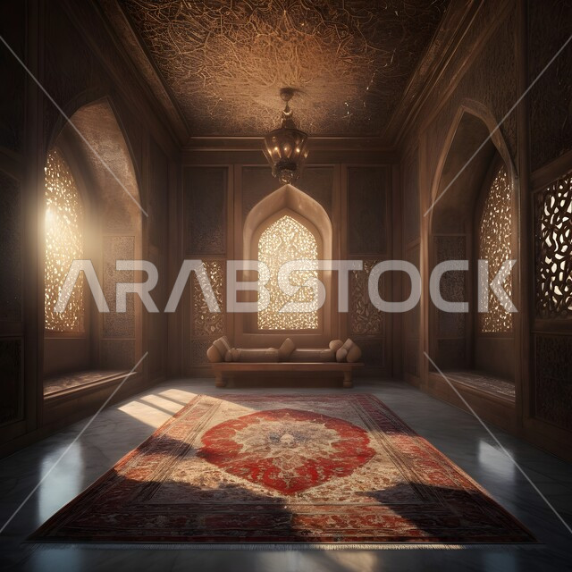 Modern style decorative glass facades, decorations and interior designs of Islamic architecture, decorations and engravings for arches and windows in traditional buildings in the Kingdom of Saudi Arabia, merging civilization with authenticity