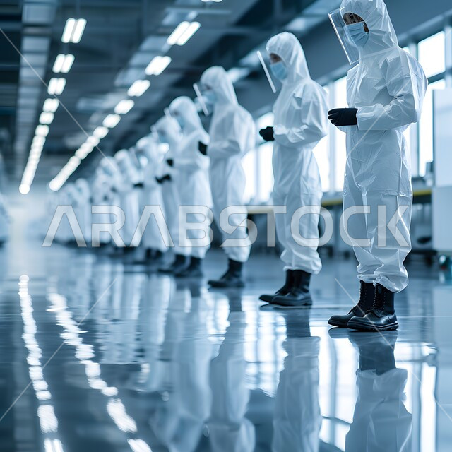 Chemical and pharmaceutical industries laboratory, a group of Saudi Arabian Gulf laboratory workers wearing protective masks conducting experiments and vital scientific research, medical examination and chemical analysis laboratories, using sterile glass tubes to analyze different samples