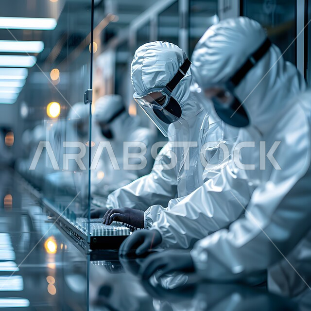 استعمال الأنابيب الزجاجية المعقمة لتحليل العينات المختلفة، معمل الصناعات الكيميائية والدوائية، مجموعة من المخبريين العرب الخليجيين السعوديين يرتدون الاقنعة الواقية يقومون بإجراء التجارب والبحوث العلمية الحيوية، مختبرات الفحوصات الطبية والتحاليل الكيمائية