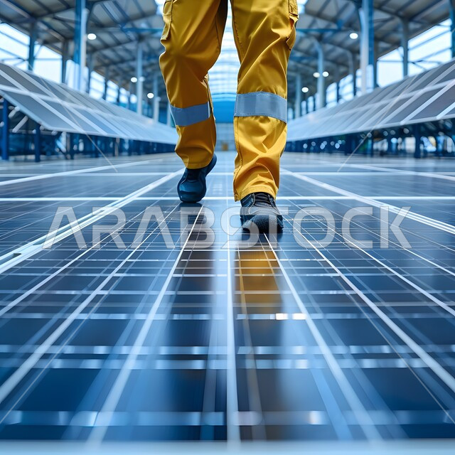 Development and growth of the engineering sector in the Kingdom, Saudi engineering professions and jobs, a close-up image from below of the feet of a Saudi Arabian Gulf man wearing a work uniform moving inside a factory, gestures of walking and moving forward