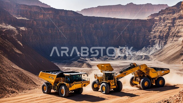 شاحنات و جرافات تعمل على رفع وتعبئة الرمال والحصى في النهار، مفهوم الهندسة والإنشاءات والتطوير، الطبيعة الرملية و الصخرية في صحاري المملكة العربية السعودية, آلات ومعدات ثقيلة