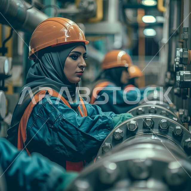 جودة الانتاج والتصنيع، تحقيق الثورة الصناعية، اعتماد التقنيات والتكنولوجيا الحديثة في الهندسة، صورة مقربة لمهندسة عربية سعودية خليجية محجبة ترتدي خوذة الحماية تقوم بفحص معدات النفط والغاز في المصنع, مهن ووظائف سعودية