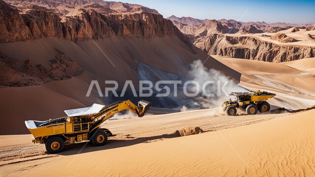 مفهوم الهندسة والإنشاءات والتطوير، الطبيعة الرملية و الصخرية في صحاري المملكة العربية السعودية, آلات ومعدات ثقيلة، مجموعة من الجرافات تعمل على رفع وتعبئة الرمال والحصى في النهار