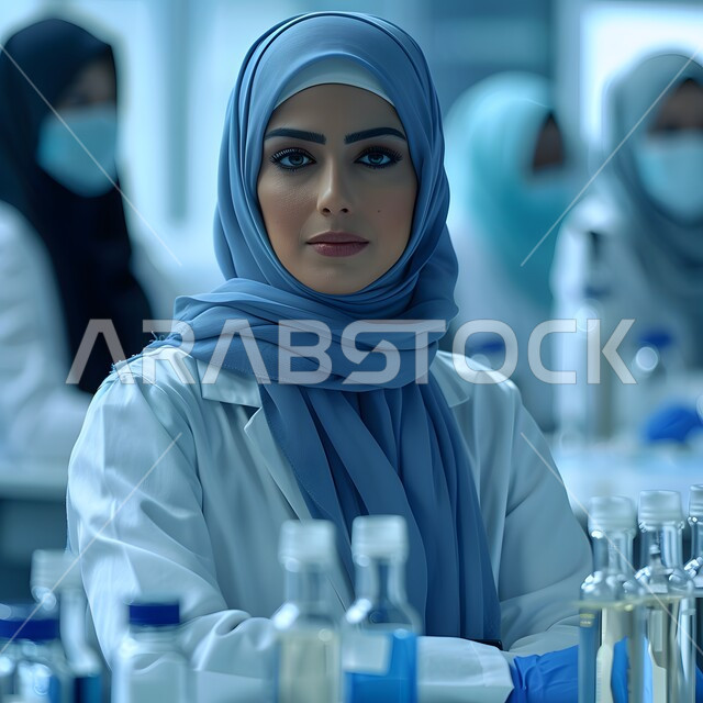 العمل في القطاع السعودي الصحي، مهن ووظائف سعودية، تقديم الخدمات العلاجية والفحوصات الطبية للمرضى، صورة مقربة لطبيبة عربية خليجية سعودية محجبة مبتسمة ترتدي المعطف الطبي الأبيض تنظر إلى الكاميرا بايماءات الثقة بالنفس
