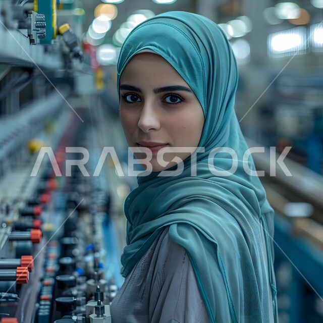 مفهوم الأنوثة والنعومة، الاهتمام بالمظهر الخارجي والأناقة، صورة مقربة لامرأة عربية خليجية سعودية محجبة  تنظر إلى الكاميرا بايماءات الثقة بالنفس، ملابس محجبات عصرية راقية