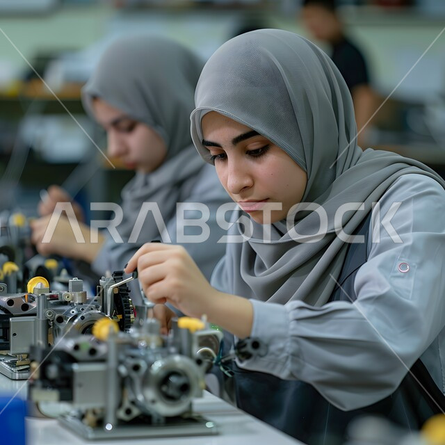اعتماد التقنيات والتكنولوجيا الحديثة في الهندسة، صورة مقربة لمهندستان عربيتان سعوديتان خليجيتان محجبتان تقومان بفحص معدات النفط والغاز في المصنع, مهن ووظائف سعودية ، جودة الانتاج والتصنيع، تحقيق الثورة الصناعية