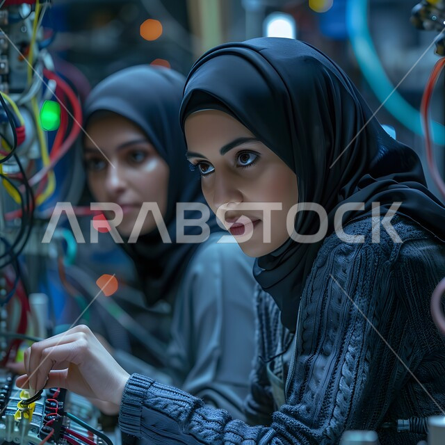 اعتماد التقنيات والتكنولوجيا الحديثة في الهندسة، صورة مقربة لمهندستان عربيتان سعوديتان خليجيتان محجبتان تقومان بفحص معدات النفط والغاز في المصنع, مهن ووظائف سعودية ، جودة الانتاج والتصنيع، تحقيق الثورة الصناعية