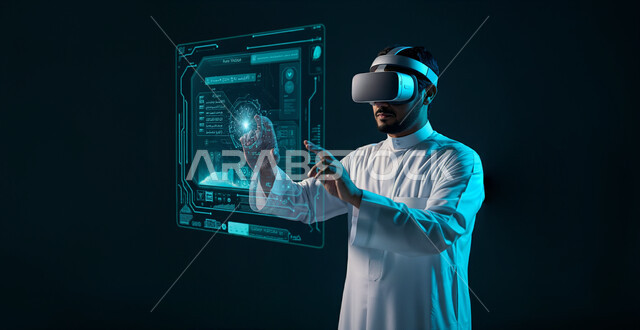 الاندماج و التفاعل مع الواقع الافتراضي, محاكاة العالم الخيالي, بورتريه لشاب عربي خليجي سعودي يرتدي الثوب التقليدي يضع نظارة الفي ار ويقوم بالنقر على شاشة هولوجرامية ثلاثية الأبعاد, خلفية سوداء